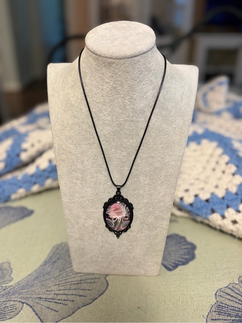 Gothic Pink Rose Cameo Necklace Black Ornate Pendant Adjustable Cord
